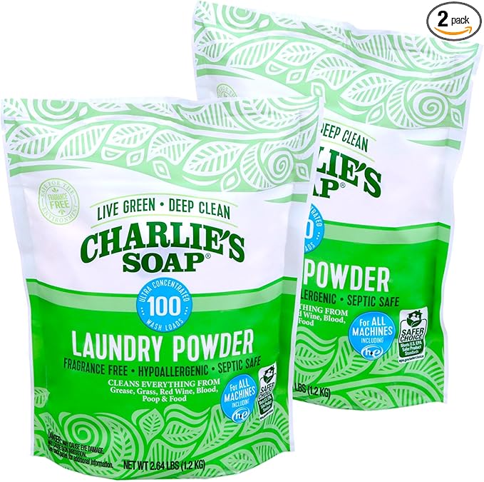Charlie’s Soap Laundry Powder (100 Loads, 2 Pack) Hypoallergenic Deep Cleaning Washing Powder Detergent – Eco-Friendly, Safe, and Effective