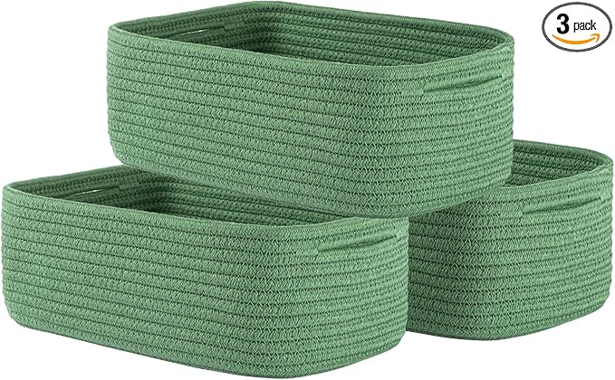 Small Woven Basket, 12 x 8 x 4.5 Inches, Storage Basket for Organizing, Cute Small Rope Shelf Closet Cube Storage Bins Baskets for Shelves, Dog Toy Gift Baskets Empty, 3 Packs, Green