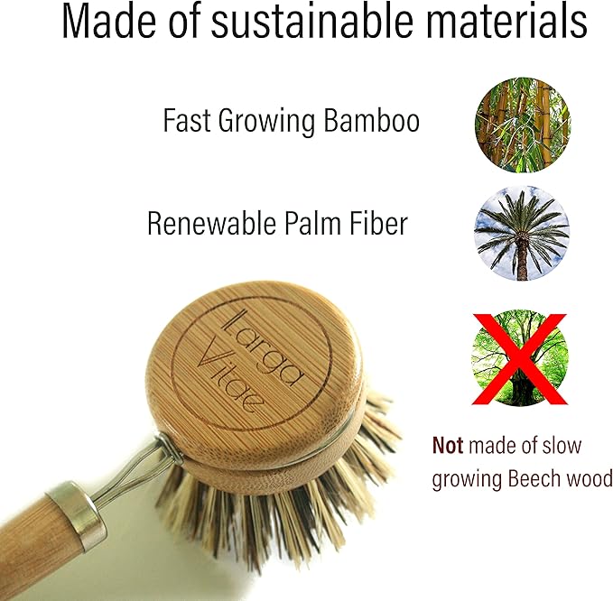 6 pcs Wooden Dish Brush Replacement Heads Made of Renewable Bamboo Wood and Natural Bristle Fiber, Durable, Long Lasting (Palm/Coconut Fiber Bristles)