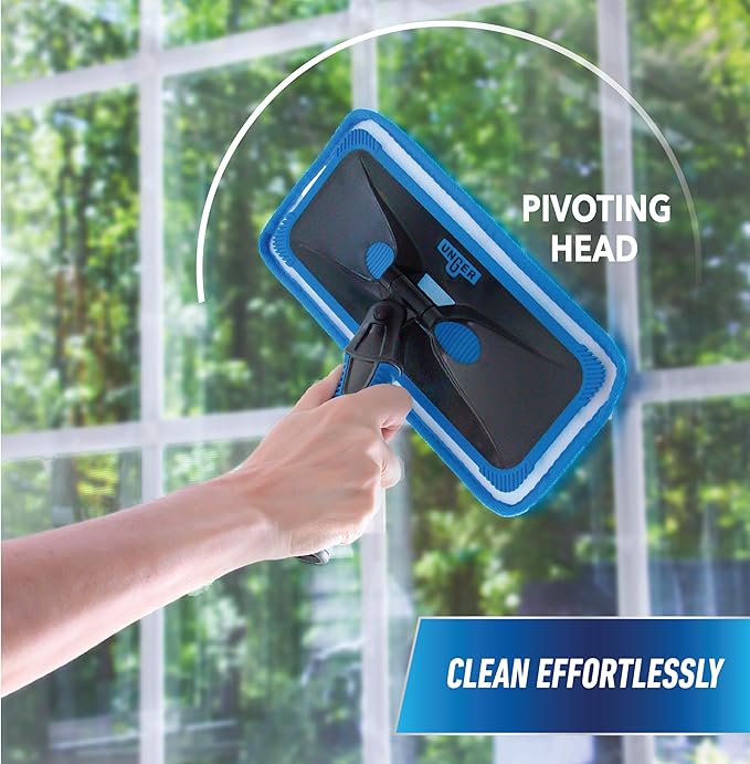 Unger Professional ProClean Indoor Window Cleaning Kit with 2’ Pole, Washing Tool with Swivel Head for Tight Corners and Edges, Streak-Free Results on Glass and Mirrors, Reusable Microfiber Pads