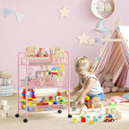 TOOLF 3 Tier Rolling Utility Cart - Durable Metal Design Pink Utility Cart, Storage Trolley on Wheels with 3 Hooks, Perfect for Kitchen, Bathroom & Laundry Room Organization