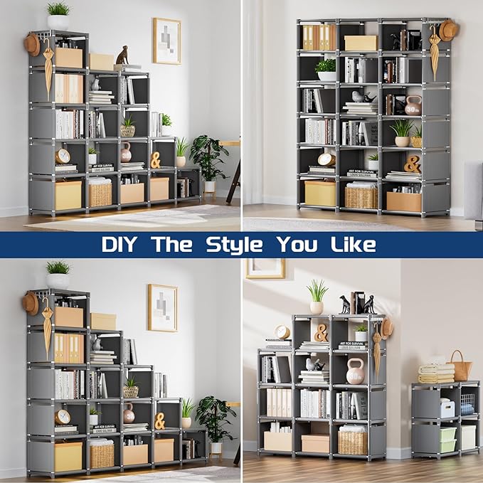 Mavivegue Bookshelf,18 Cube Storage Organizer,Extra Large Book Organizer,Tall Bookcase Shelf,Book Cases/Shelves,Grey Cube Shelf,Cubbies Closet Shelves for Bedroom,Living Room,Home,Office