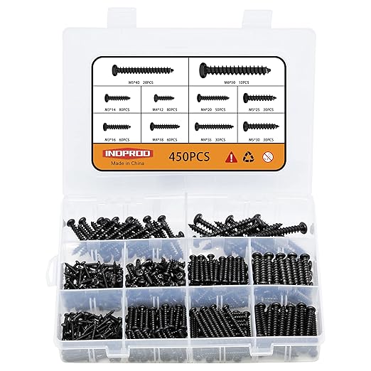 450 pcs M3 M4 M5 M6 Black Wood Screws Assortment Kit,High Hardness Carbon Steel Self-Tapping Screws,Phillips Drive Pan Round Head Screws Set Kit,Black Oxide,Full Thread