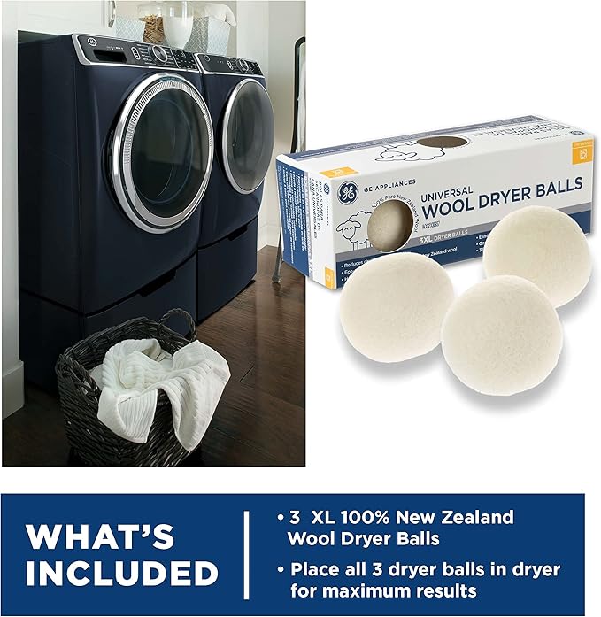GE Appliances Wool Dryer Balls, XL Reusable Natural Fabric Softener Made of 100% Pure New Zealand Wool, Set of 3
