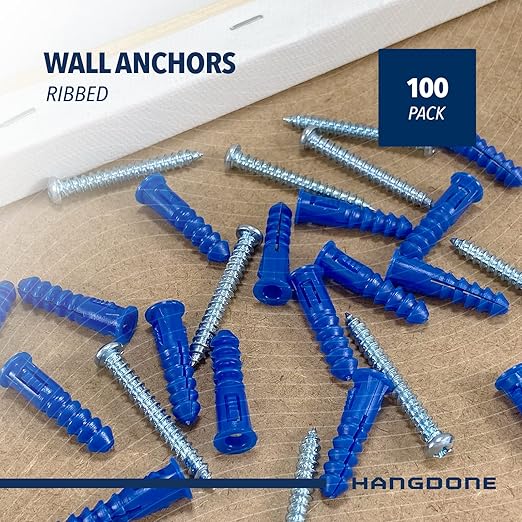 Ribbed Wall Anchors #10-#12 1-1/4-Inch with Screws 100-Pack, Blue, Plastic Anchor for Drywall/Concrete, Pan Head Phillips Screw Included