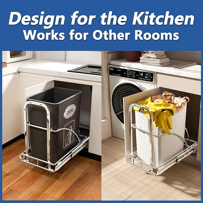 Pull Out Trash Can Under Cabinet, 50Qt 7-13 Gallon Slide-Out Trash Bin Kit with Door Connector & Glass Handle, Under Sink Garbage Can with Bands -Can Not Included (Silver)