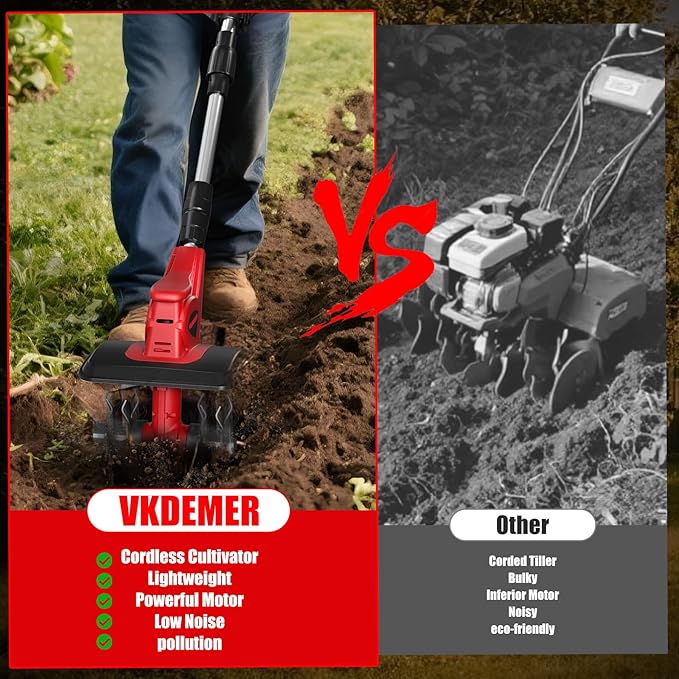 Cordless Tiller Cultivator, 360RPM 9inch Wide Electric Garden Tiller,Total 8000mAh Battery Powered Mini Cultivator,48 Steel Tines Portable Rotary Tiller for Gardening (2 x 4.0AH Battery)