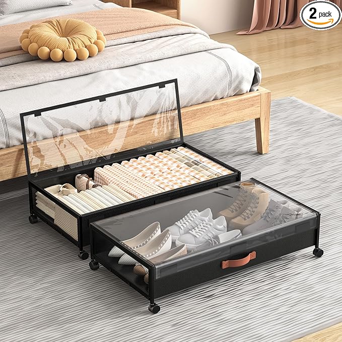 Under Bed Storage Containers with Wheels Large Underbed Shoes Blankets Clothes Toy Storage Drawers for College Dorms Bedrooms Nursery Rooms Organization (Black 2 Pack, 7.5in height(31"x16.6"x7.48"))