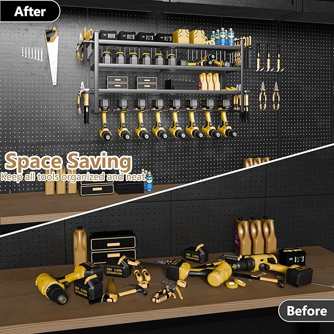 Power Tool organizer, 4 Layer Heavy Duty Metal tool Organizer Loads 260lbs, Garage Wall Organizer 8 Cordless Drill Holder, Wall mounted Tool Organizer for Garage Workshop - 33 Inch
