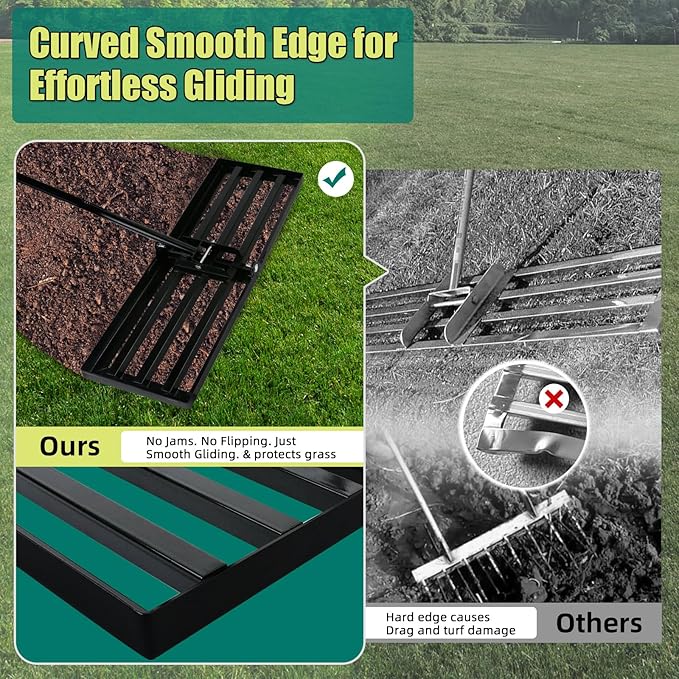 Lawn Leveling Rake 30 x 10 Inch Stainless Steel Heavy Duty Ground Leveler, Flipping-Resistant Smooth Edge, Adjustable Handle 28–60 Inches for Backyard Landscape, Garden, Golf Course, Farm, Pasture.