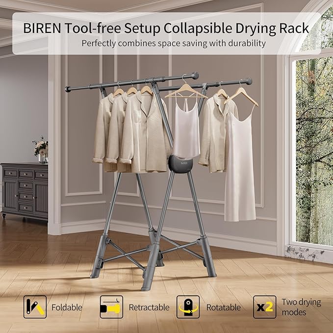 BIREN Clothes Drying Rack Heavy Duty Clothing Racks Extending Laundry Rack Two Drying Modes Garment Racks for Drying Clothes, Adjustable Length from 32-55 Inches for Indoor Outdoor Use