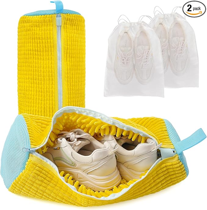Shoe Washing Machine Bag for Washer & Dryer, Large Shoe Bag for Washing Machine Plush Fibers laundry Bag for Sneakers, Tennis Shoes and Gym shoes, Yellow(2PCS)