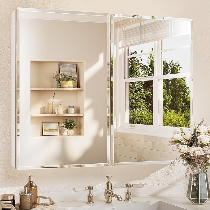 TETOTE 40 x 32 Medicine Cabinet with Tempered Beveled Mirror White Bathroom Mirror with Storage Aluminum Cabinet DTC Hinges, Stepless Adjustable Shelves, Recessed/Surface-Mounted