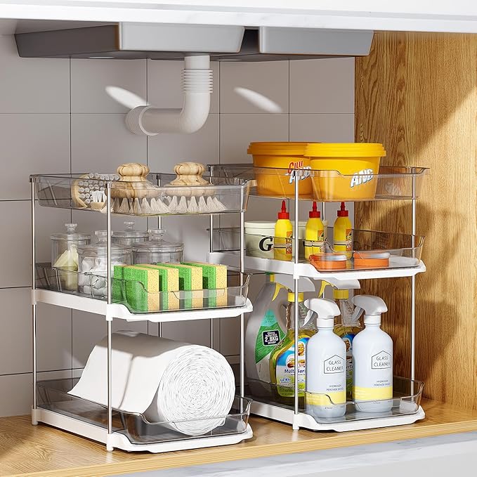 Delamu 2 Pack 3-Tier Bathroom Under Sink Organizers and Storage, Multi-Purpose Stackable Pantry Organization and Storage, Pull Out Clear Kitchen Bathroom Cabinet Organizer with Movable Dividers, Grey