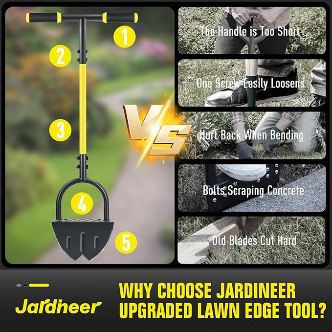 Jardineer Edger Lawn Tool Long Handle, Upgraded Manual Grass Edger with Double V-Shaped Serrated Edge Blade and Wide Footplate, Edgers for Landscaping Yard Maintenance