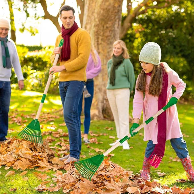 2 Pcs 35'' Kids Rakes for Leaves - Plastic Rake Head with 2 Pairs Kids Gloves, Small Kids Lawn Rakes Detachable Wooden Handle, Autumn Garden Tool Set for Kids Boys and Girls, Green, 3yr+