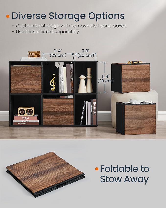SONGMICS HOME Bookshelf, Superfast Toolless Assembly, Cube Storage Organizer with 6 Compartments, Bookcase, 4 Fabric Drawers, 10.6 x 32.7 x 24.3 Inches, Natural Walnut and Ebony Black ULBC196B01