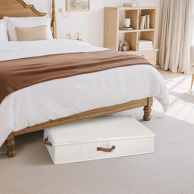 StorageWorks Underbed Storage with Lid, 2-Pack Under Bed Storage Containers for Clothes, Bedding, and Sweaters, Beige