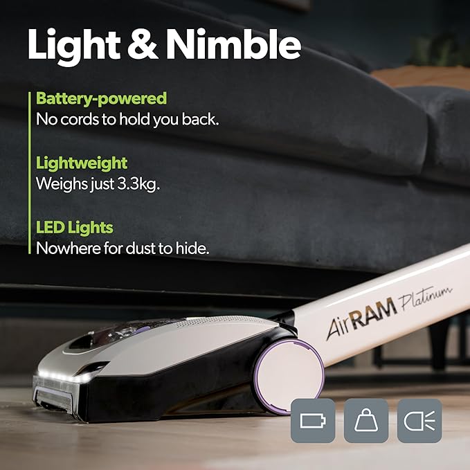 Gtech AirRAM 3 Cordless Vacuum Cleaner with Anti-Hair Wrap Bar - Dual Edge-Clean Brushes - Perfect for Carpet and Hardwood Floors - Rechargeable 22v Li-ion Battery - Lightweight - New Model/Red Thread