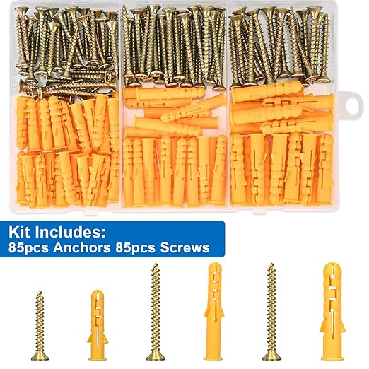 Aovchei Drywall Anchors Kit, 170pcs, 85 Plastic Drywall Anchors and 85 Philips Flat Head Screws, 3 Size #6 * 30#6 * 40#8 * 40, Wall Hanging Kit for Hanging Picture Frame, Shelf Brackets, Curtain Rod