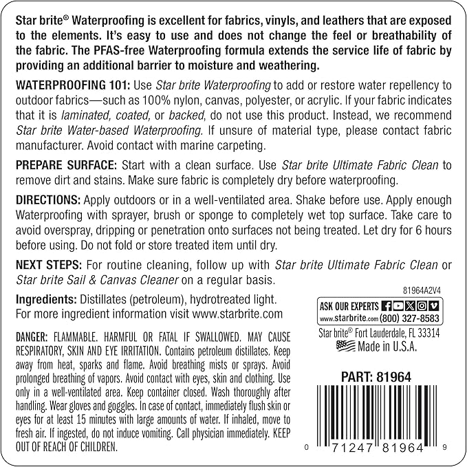 STAR BRITE Waterproofing Spray, Waterproofer + Stain Repellent + UV Protection for Boat Covers, Car Covers, Bimini Tops, Tents, Jackets, Backpacks, Boots, Awnings, Patio Covers & More