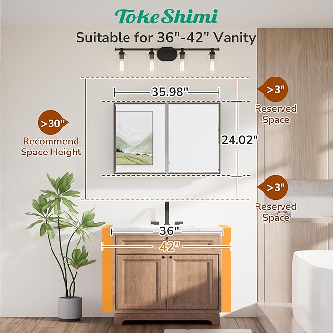 TokeShimi 36x24 Recessed Medicine Cabinet with Mirror Black, Beveled Bathroom Mirror with Storage Aluminum, Surface Mounted Metal Medicine Cabinets for Bathroom Vanity Wall