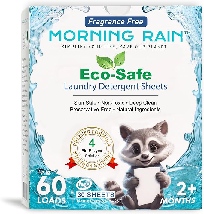 MorningRain Eco Laundry Detergent Sheets - Ingredients from Finland, Unscented, Bio-Enzyme Formula, Power Clean, 90 Sheets (Up to 180 Loads) - Non-Toxic, Preservative-Free, Skin Safe, Designed in USA