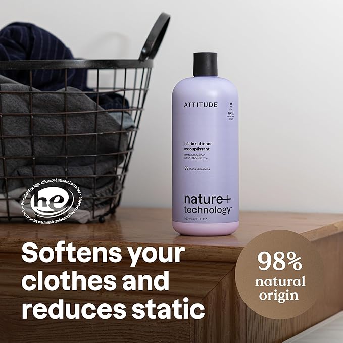 ATTITUDE Liquid Fabric Softener, Natural Origin Ingredients, For White and Colored Clothing, Deodorizes, Gentle on Delicate Skin, Lemon & Rosewood, 38 Loads, 32 Fl Oz