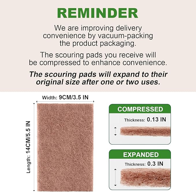 AIDEA Non-Scratch Natural Scouring Pads, Dish Scrubber Pads for Household and Kitchen, Cellulose Multipurpose Scour Pads for Cleaning -Natural Sisal Fibers, 24 Pack, 5.5in*3.5in