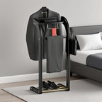 Suit Valet Stands for Women and Men, Wood Valet Stand with Base, Wardrobe Suit Valet Stand Organizer with Trouser Bar and Tie Bar, for Office Living Room (Black)
