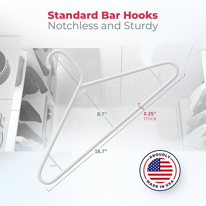 Neaties Plastic Hangers 100 Pack – Made in the USA – 6lb Capacity Standard Clothes Hangers with Strap Hooks for Dresses, Lingerie, Shirts, Pants, and Jackets – White & Blue
