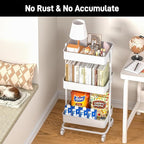 TECBOT 3 Tier Metal Rolling Cart with Wheels, Utility Storage Cart with Handle and Lockable Casters, Storage Basket Organizer Shelves, Easy Assemble for Kitchen, Living Room, Office, Nursery, White