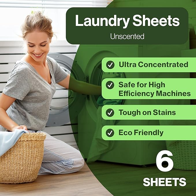 Laundry Detergent Sheets, Fragrance Free, Natural Biodegradable Laundry Sheets, Plant Based, Tough on Stains, Gentle on Skin, Compatible with HE & Any Washing Machine, 6 Sheet, 3 Pack