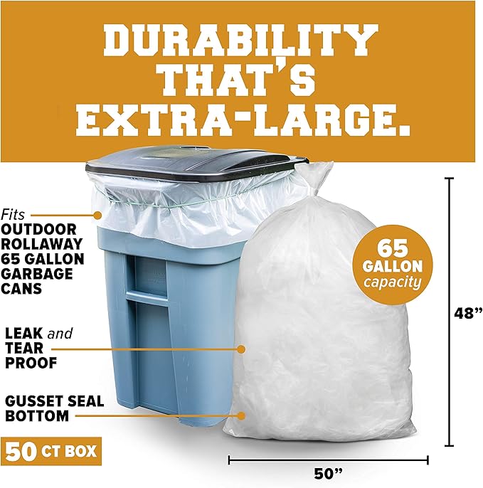 Plasticplace 65 gallon Trash Bags │ 1.5 Mil │ Clear Heavy Duty Garbage Can Liners │ 50” x 48” (50Count)