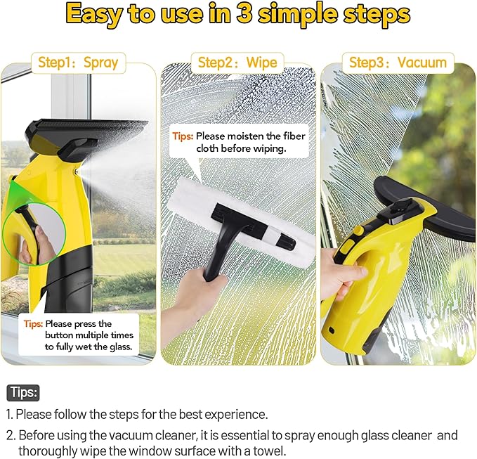 Rechargeable Window Vac, Window Vacuum Cleaner Set, Cordless Vacuum Squeegee with Built-in Spray Bottle, Electric Glass Cleaning Tool for Windows, Tiles, Mirrors, 200ml Water Tank
