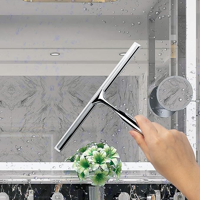 Ettori Shower Squeegee Clear Glass Wall Cleaner Stainless Steel with Suction Storage Hook -10'', Chrome