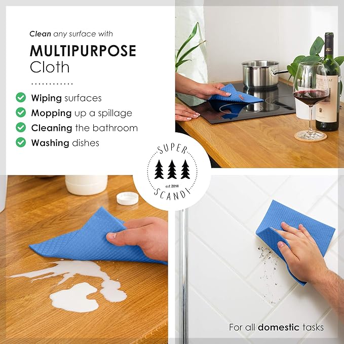 SUPERSCANDI 6 Pack Swedish Dishcloths for Kitchen - 100% Biodegradable & Compostable Reusable Paper Towels Washable, Food-Safe & Without Plastic - Dish Rags Suitable for Any Surface, Blue