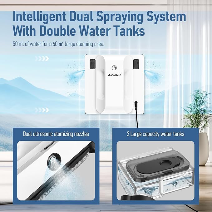 AlfaBot Window Cleaning Robot, Dual Nozzles with Ultrasonic Spray, 5000Pa Window Cleaner Robot with Edge Detection, 3 Intelligent Path Planning, Anti-Slipping System
