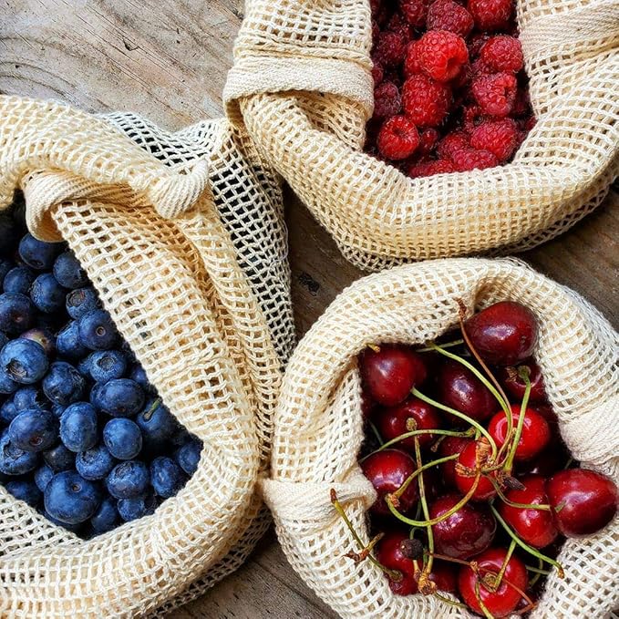 Cotton Mesh Produce Bags - Washable, Organic Cotton Vegetable Storage Bags - Large Net Mesh Onion & Potato Storage Sacks - 14"x18" (6 XL)