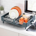 Urackify Stainless Steel Dish Drying Rack - Dish Drainer for Kitchen Counter, Extendable Drainboard with Foldable, Space-Saving Cup & Bowl Organizer, Includes Knife and Utensil Holder, Matte-Green