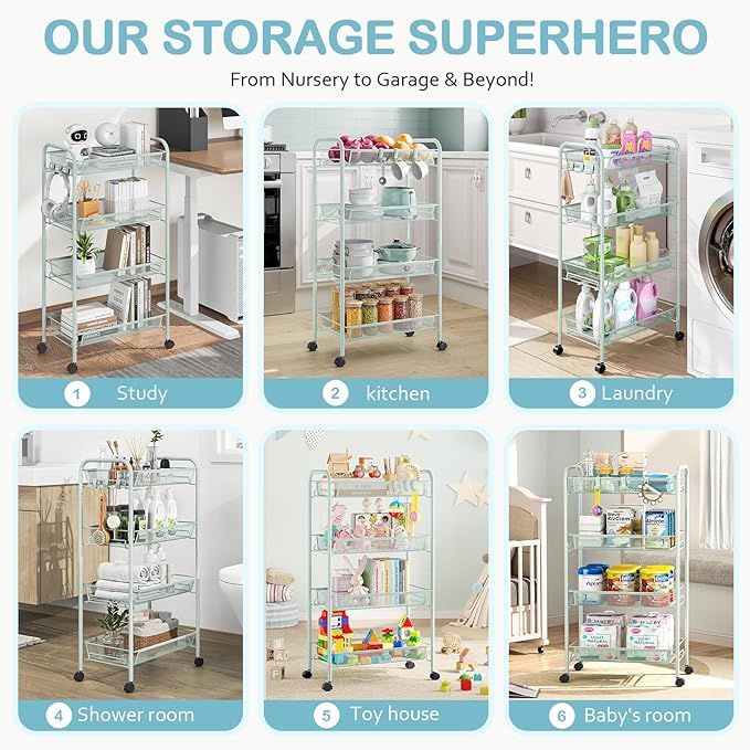 TOOLF 4-Tier Rolling Cart, Metal Utility Cart with 3 Hooks, Easy Assemble Mobile Storage Trolley On Wheels, Metal Shelving Units Kitchen Bathroom Laundry Room