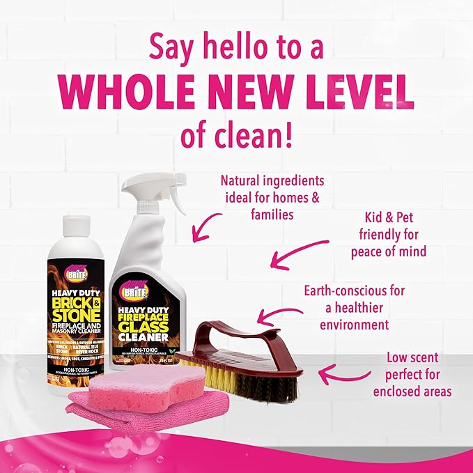 Quick ‘n Brite Fireplace Cleaning Kit – Includes 24oz Fireplace Glass Cleaner, 16 oz Gel Fireplace Cleaner, Scrub Brush, Sponge and Microfiber Towel