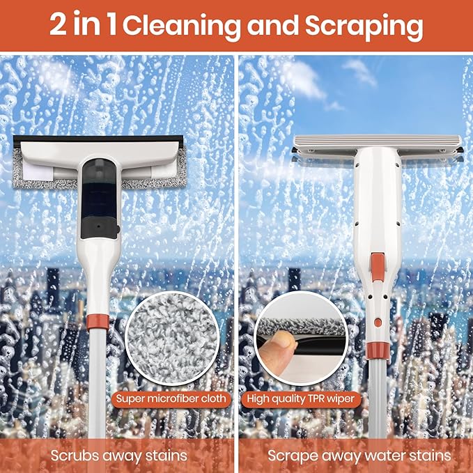 Spray Mop Window Cleaning Kit with Silicone Squeegee – Adjustable Aluminum Pole & Non-Slip Handle for Floors/Walls/Door/Windows/Cars/Bathroom, Detachable Tank & Washable Pads