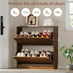 BORNOON Shoe Cabinet with 2 Flip Drawers, Slim Narrow Shoe Storage Cabinet, Freestanding Shoe Organizer with Adjustable & Removable Shelves, Top Display Shelf for Entryway, Hallway, Foyer, Closet