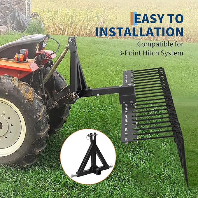 Pine Straw Rake, 60 Inch Landscape Rake for 2" Receiver, Fits Lawn Tractors & ATV/UTV | Heavy-Duty Powder Coated Steel Construction | Yellow