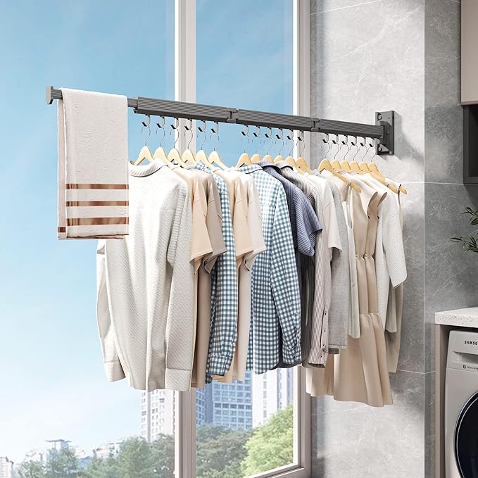 Wall Mounted Clothes Drying Rack,Laundry Drying Rack Wall Mount,Clothes Hanger,Drying Rack Clothing,Retractable Laundry Rack for Hanging Clothes,Collapsible,Foldable,Grey-Hooks