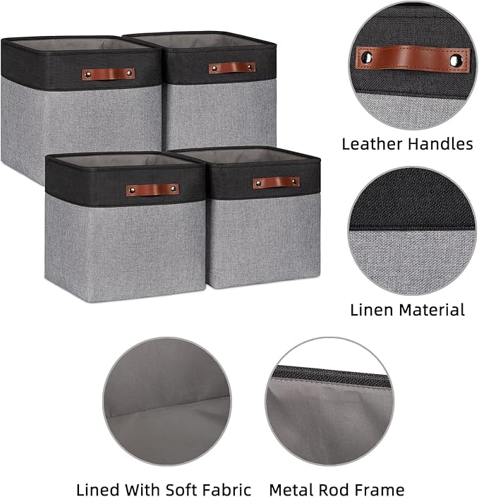 HNZIGE 13x13x13 Storage Baskets (4 Pack) Large Fabric Storage Cubes for Shelves, Storage Cube Bins for Gift with Leather Handles for Home, Kids Room, Closet (White&Black)