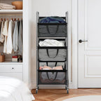 STO STO 3-Tier Vertical Rolling Laundry Hamper with Removable Bags, 120L Stackable Laundry Sorter Basket, Clothes Hamper with Wheels for Small Spaces, Closet, Bedroom, Bathroom, Laundry Room, Black