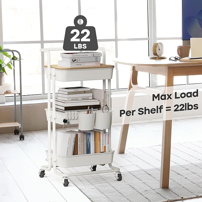 DTK 3 Tier Rolling Utility Cart with Cover Top Board, Movable Kitchen Storage Cart Trolley with Lockable Wheels, Cups, Hooks for Kitchen Bathroom Home Office Art Craft Storage and Organization(White)