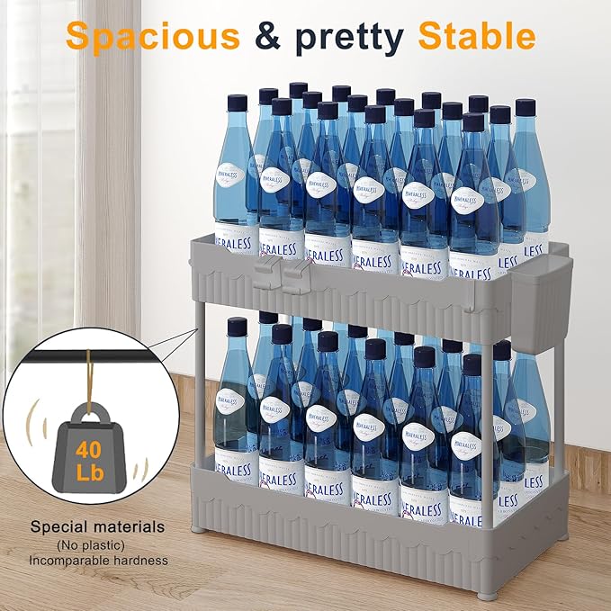 2 Pack Under Sink Organizer, Under Bathroom Cabinet Organizer with Hooks Hanging Cup, Multi-Purpose Storage Shelf for Kitchen Bathroom (Gray, L)